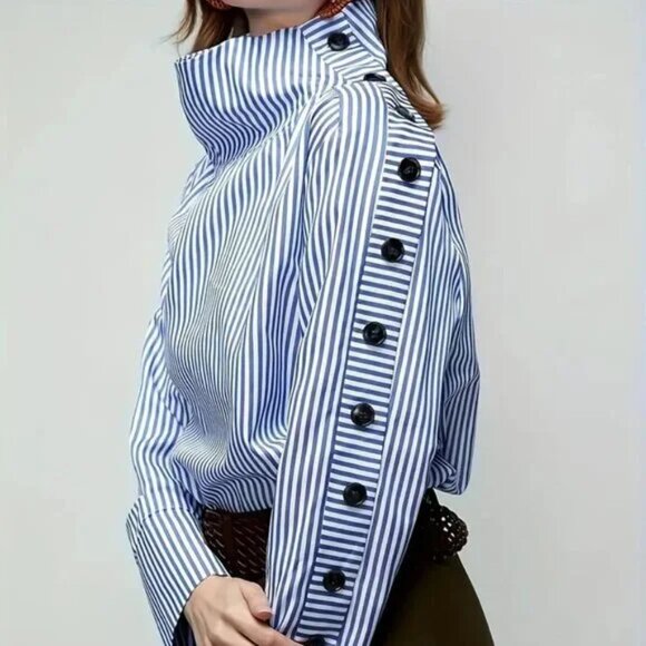 Tops - Striped Button Detail Sleeve Turtleneck Blouse